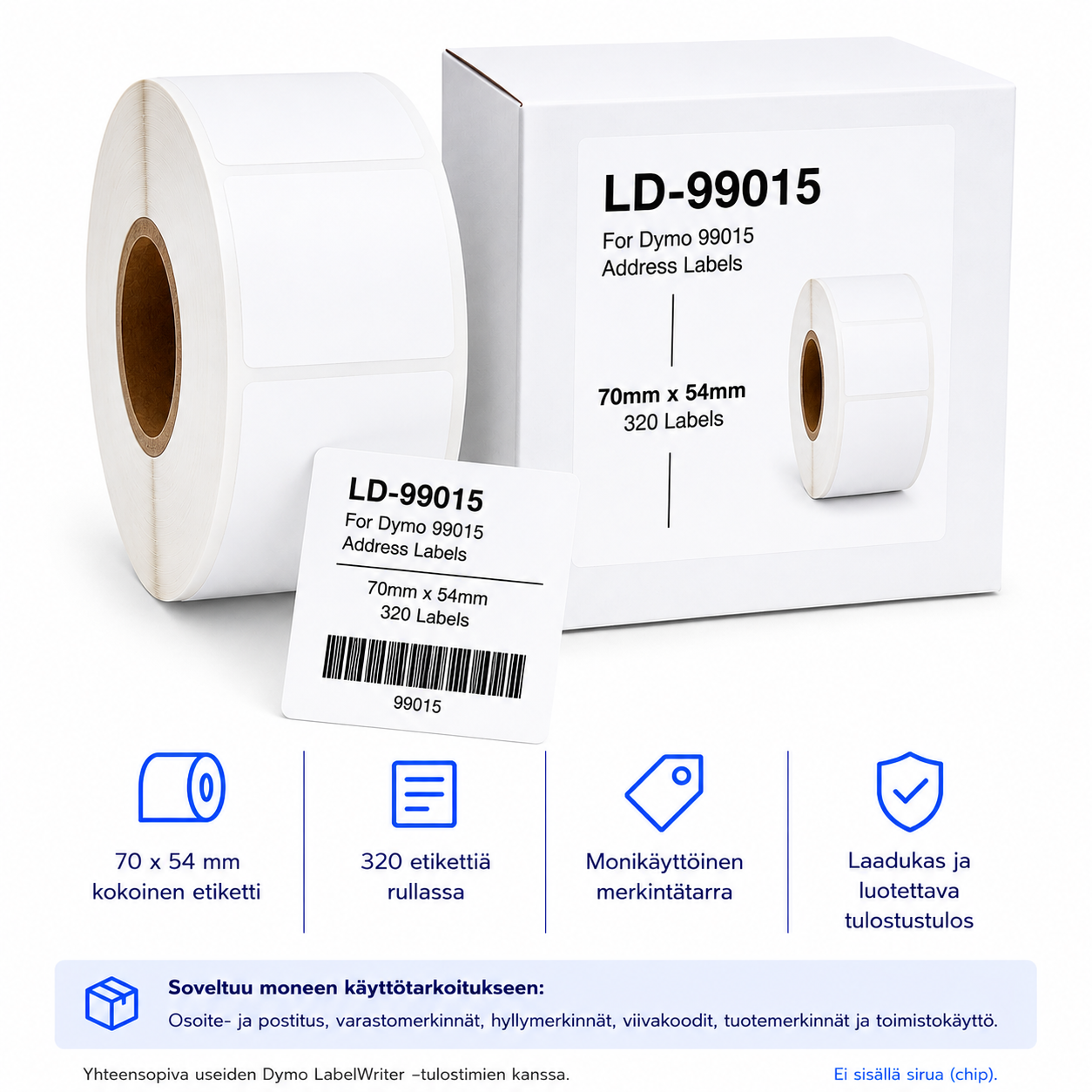 Dymo 99015 lähetysetiketti 70 x 54 mm / 320 tarraa 1 Dymo 99015 yhteensopiva etikettirulla 70 x 54 mm 320 tarraa